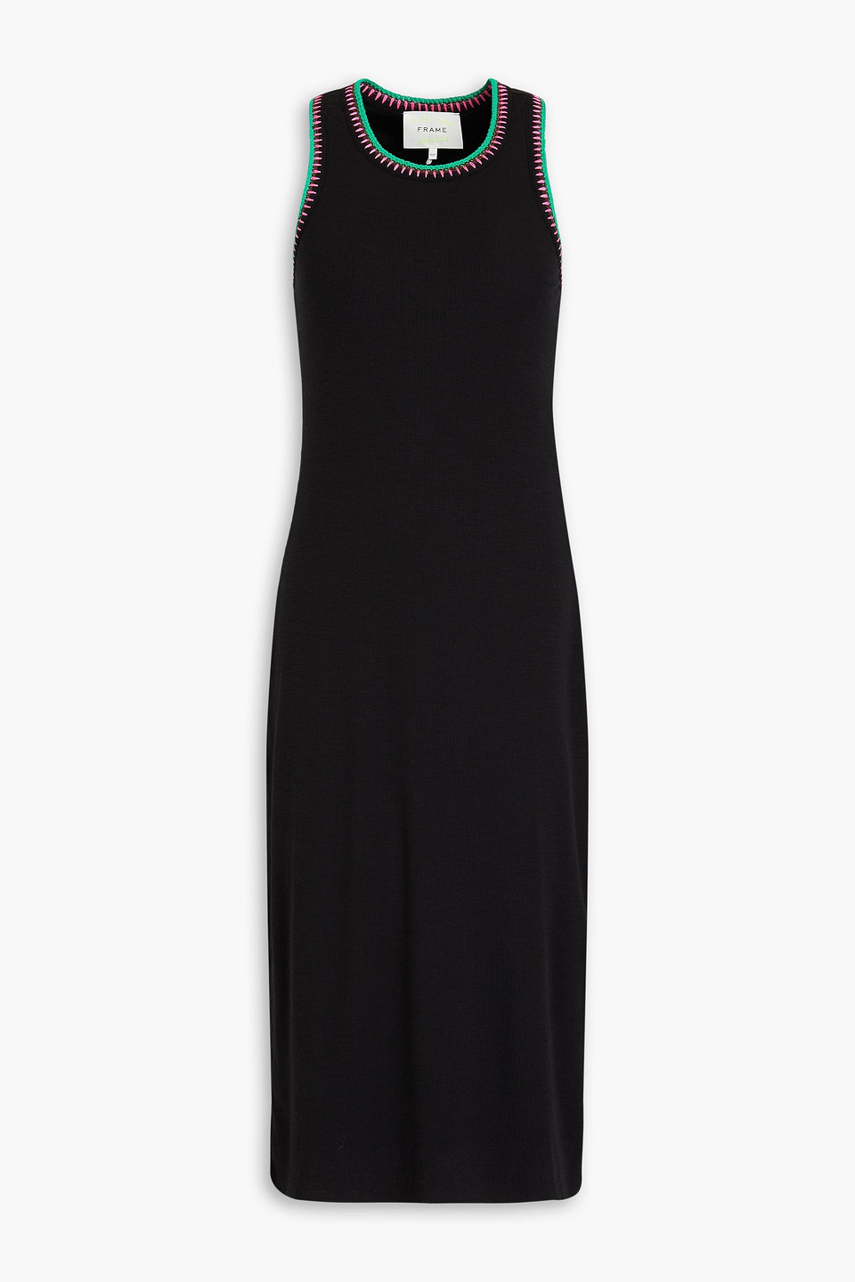 Frame Crocheted Lace-trimmed Ribbed Jersey Midi Dress In Black