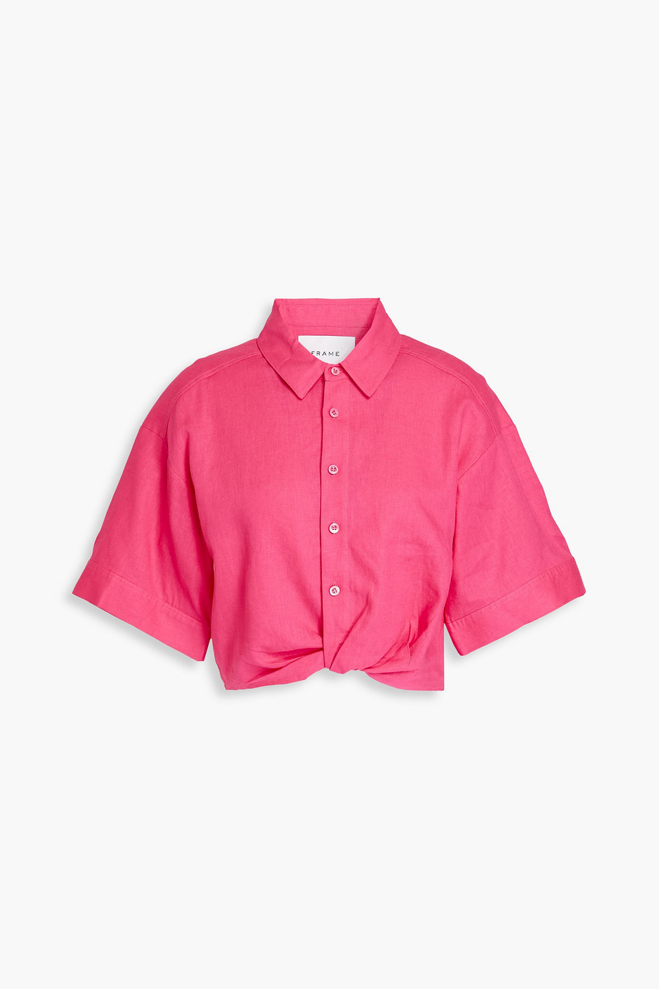 Shop Frame Cropped Twisted Linen-blend Shirt In Fuchsia