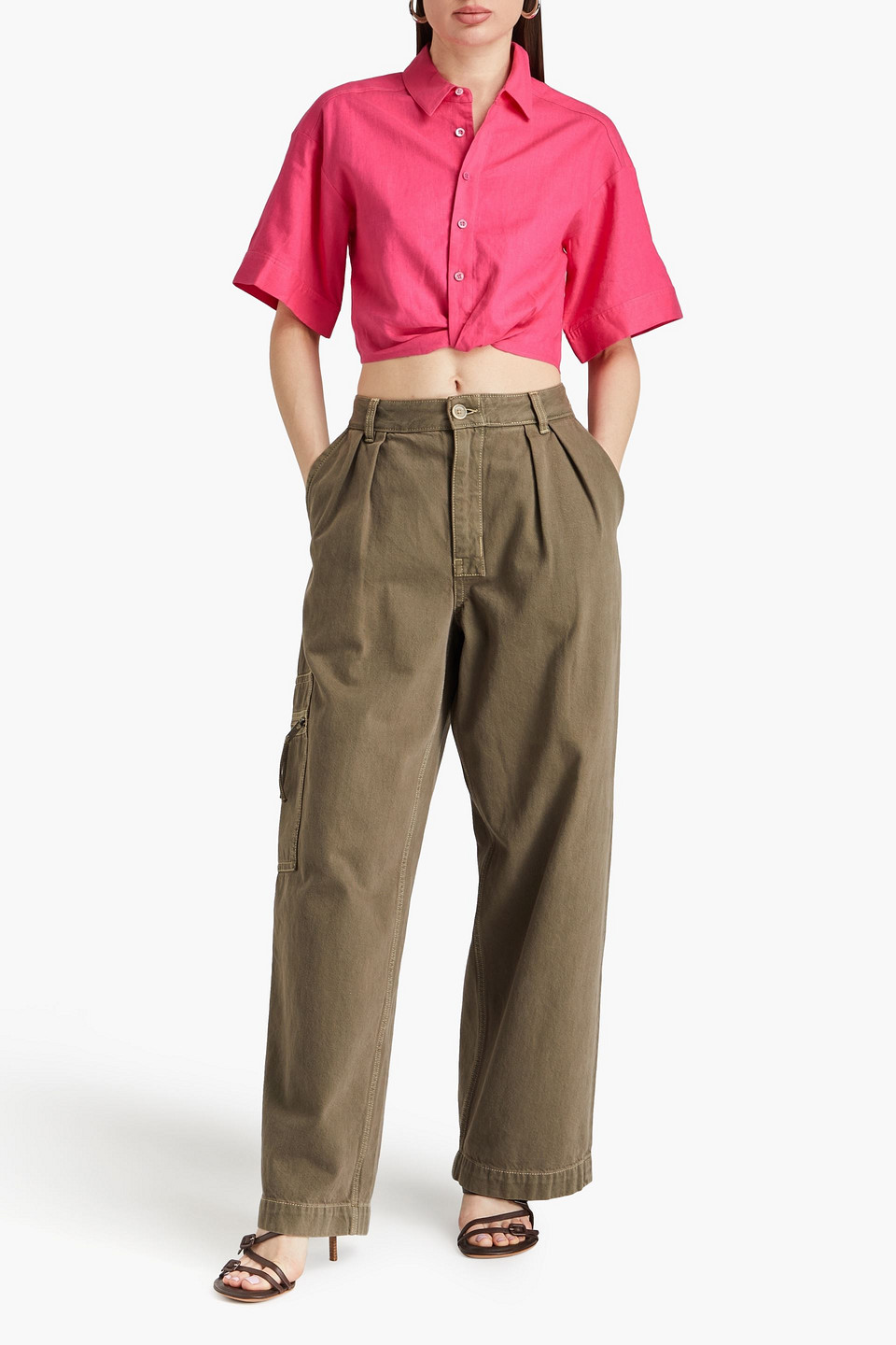 Shop Frame Cropped Twisted Linen-blend Shirt In Fuchsia