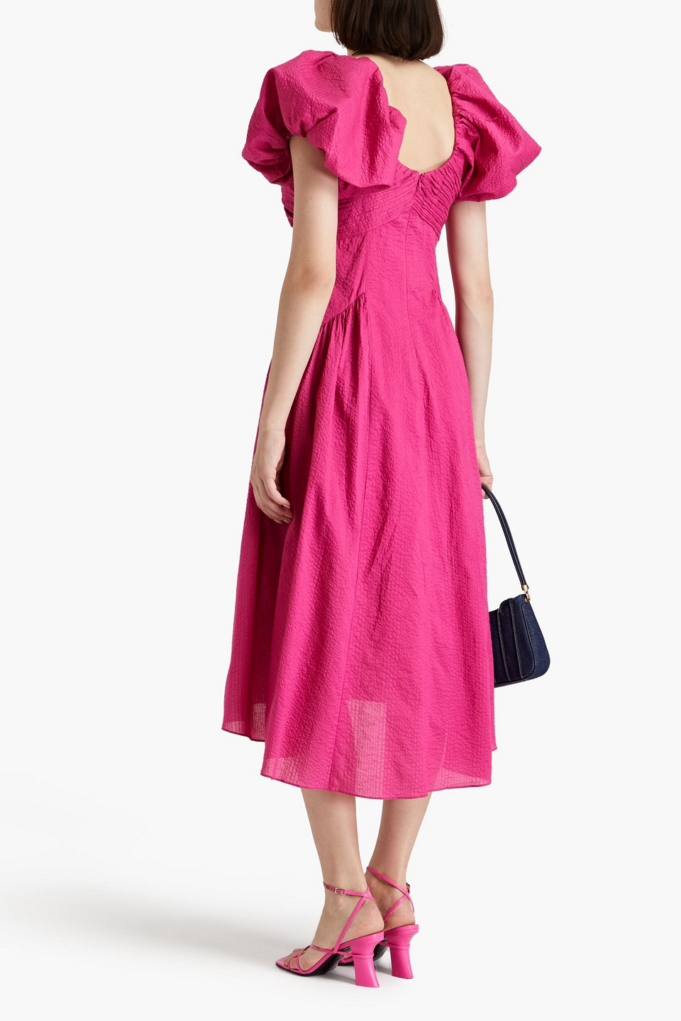 Shop Frame Pintucked Cotton-cloquè Midi Dress In Fuchsia