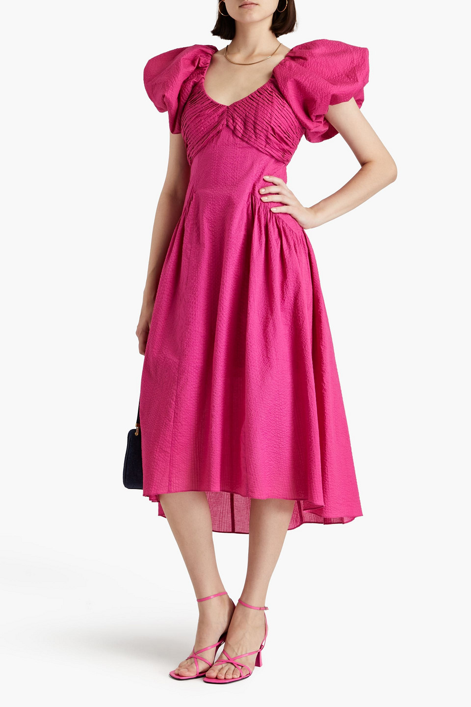 Shop Frame Pintucked Cotton-cloquè Midi Dress In Fuchsia