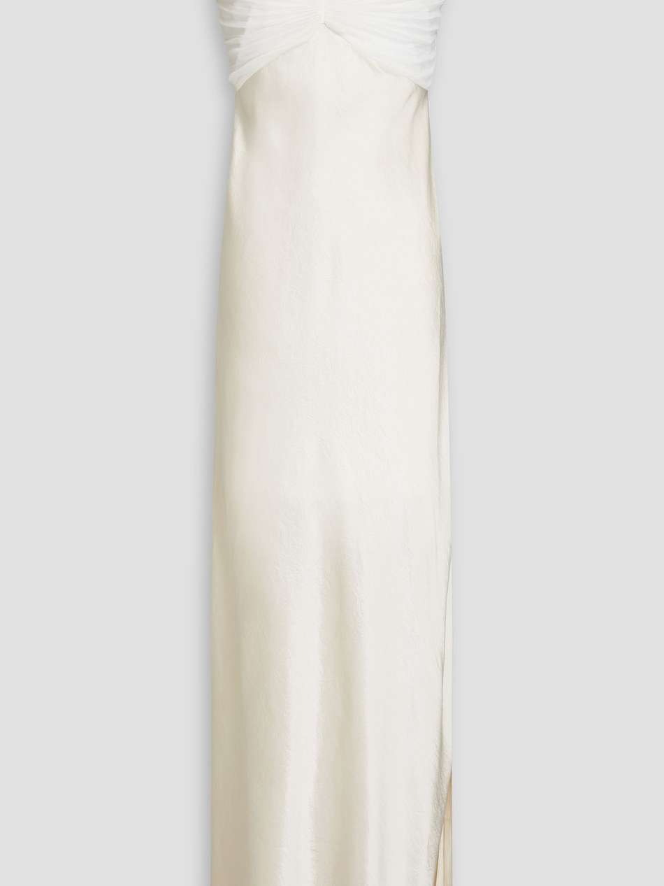 pleated georgette-paneled satin maxi dress
