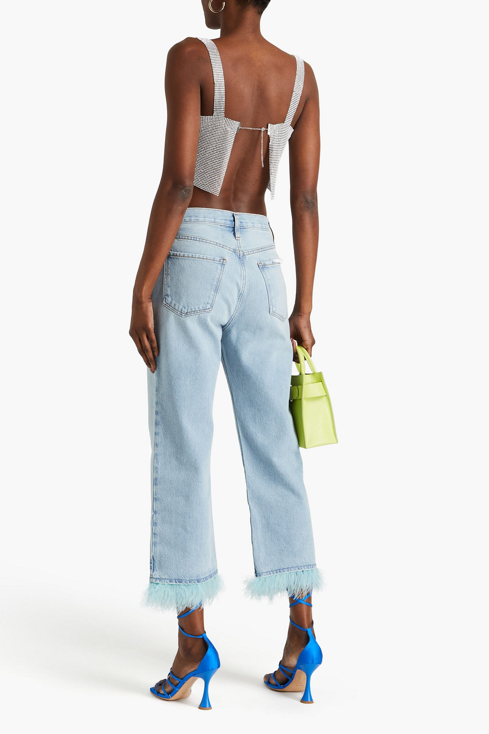 FRAME CROPPED FEATHER-EMBELLISHED HIGH-RISE STRAIGHT-LEG JEANS