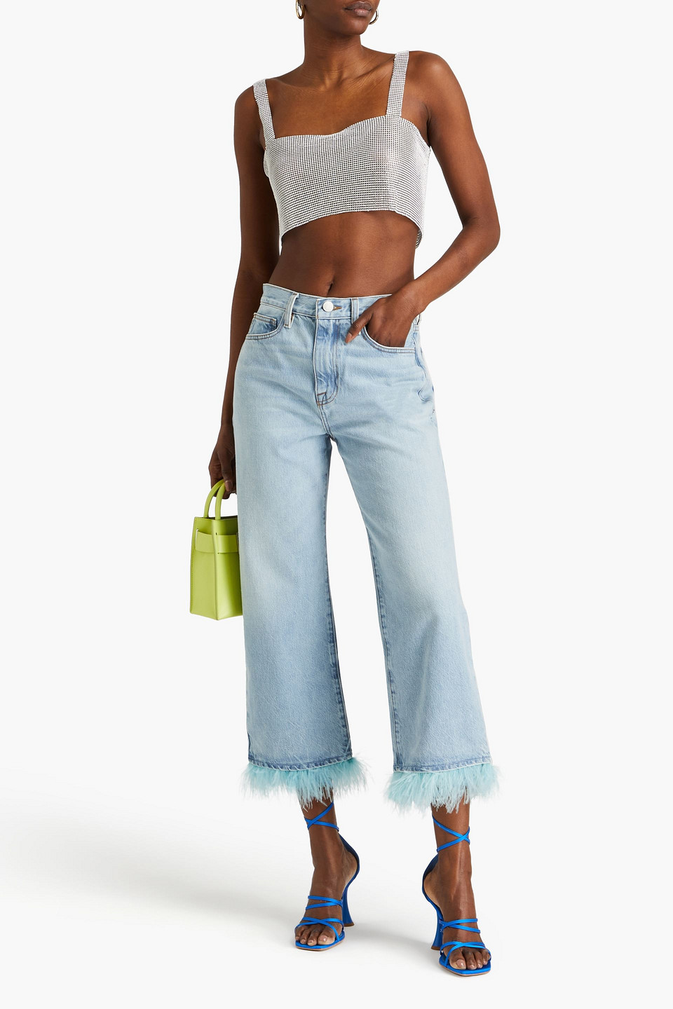 FRAME CROPPED FEATHER-EMBELLISHED HIGH-RISE STRAIGHT-LEG JEANS