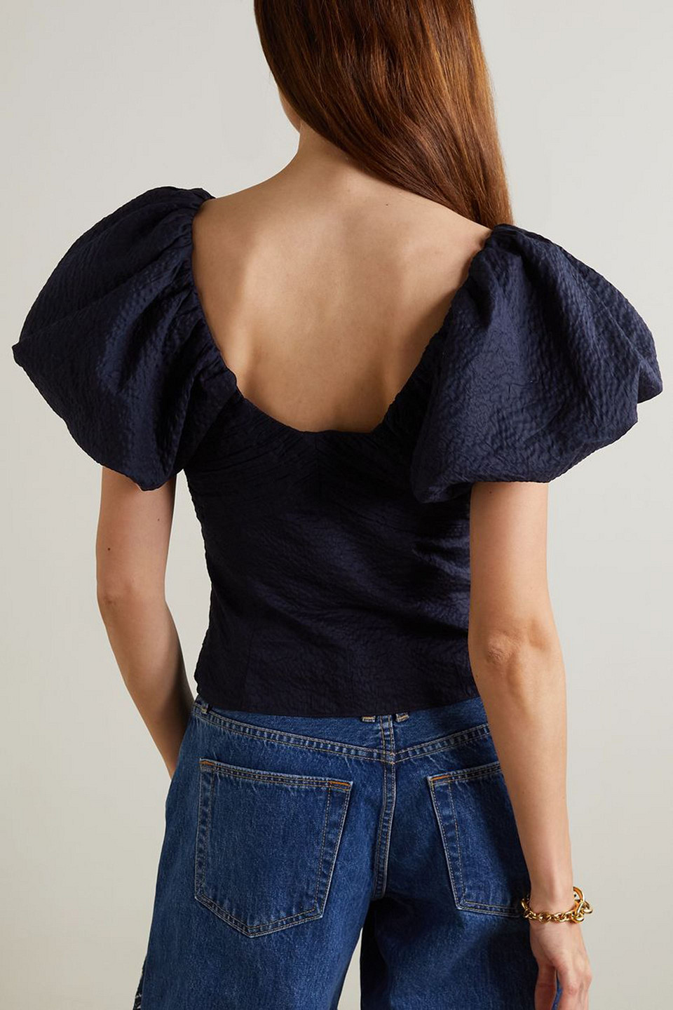 Frame Pintucked Hammered Cotton Top In Navy