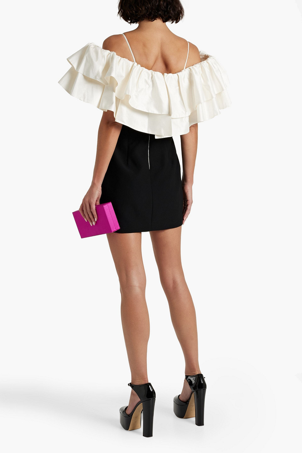 Rasario Cold-shoulder Ruffled Taffeta And Crepe Mini Dress In Black