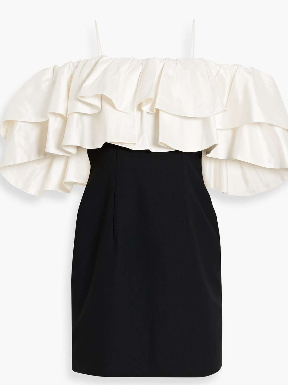 cold-shoulder ruffled taffeta and crepe mini dress