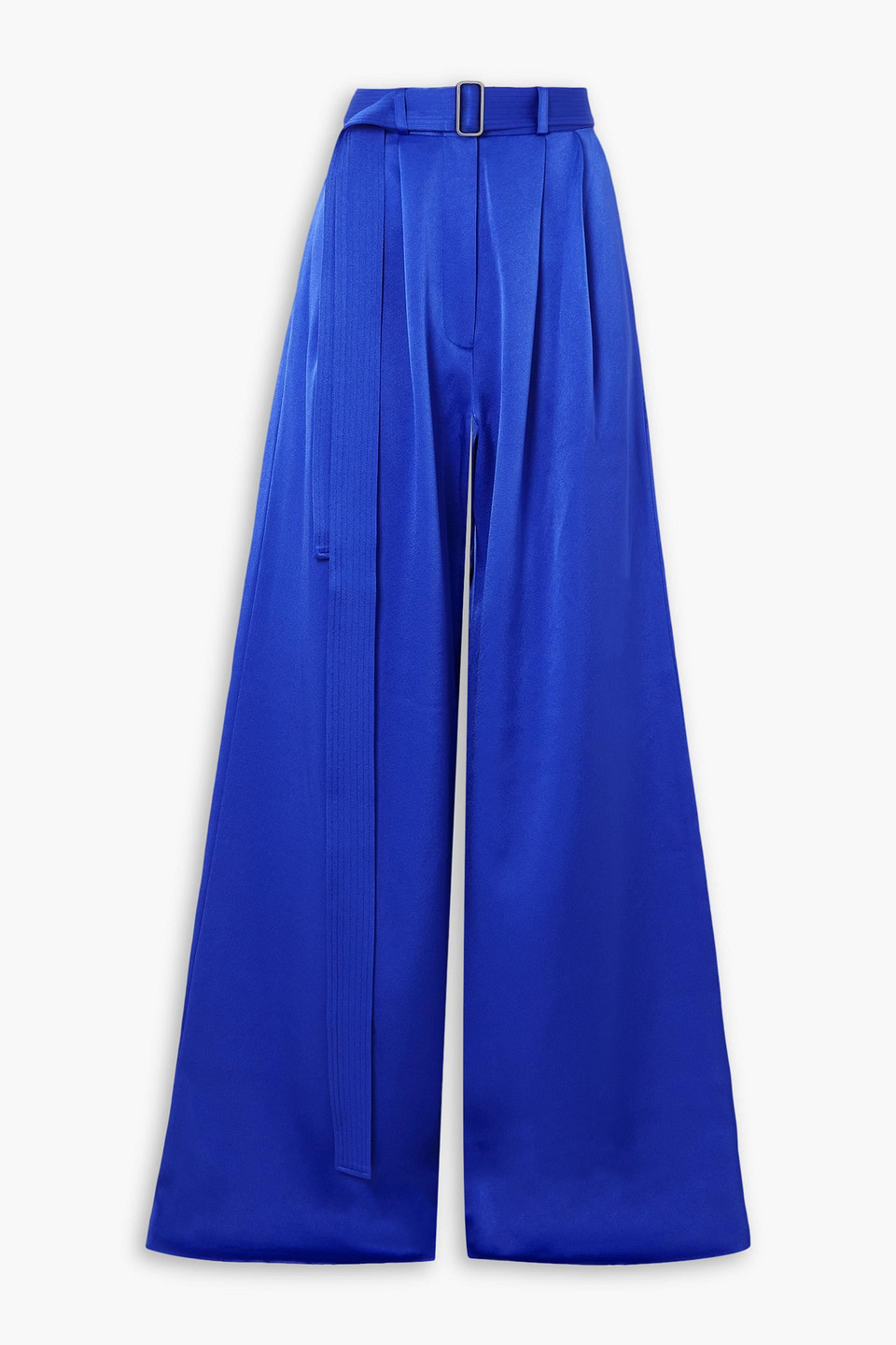 Alex Perry Landon Belted Pleated Satin-crepe Wide-leg Trousers In Kobaltblau