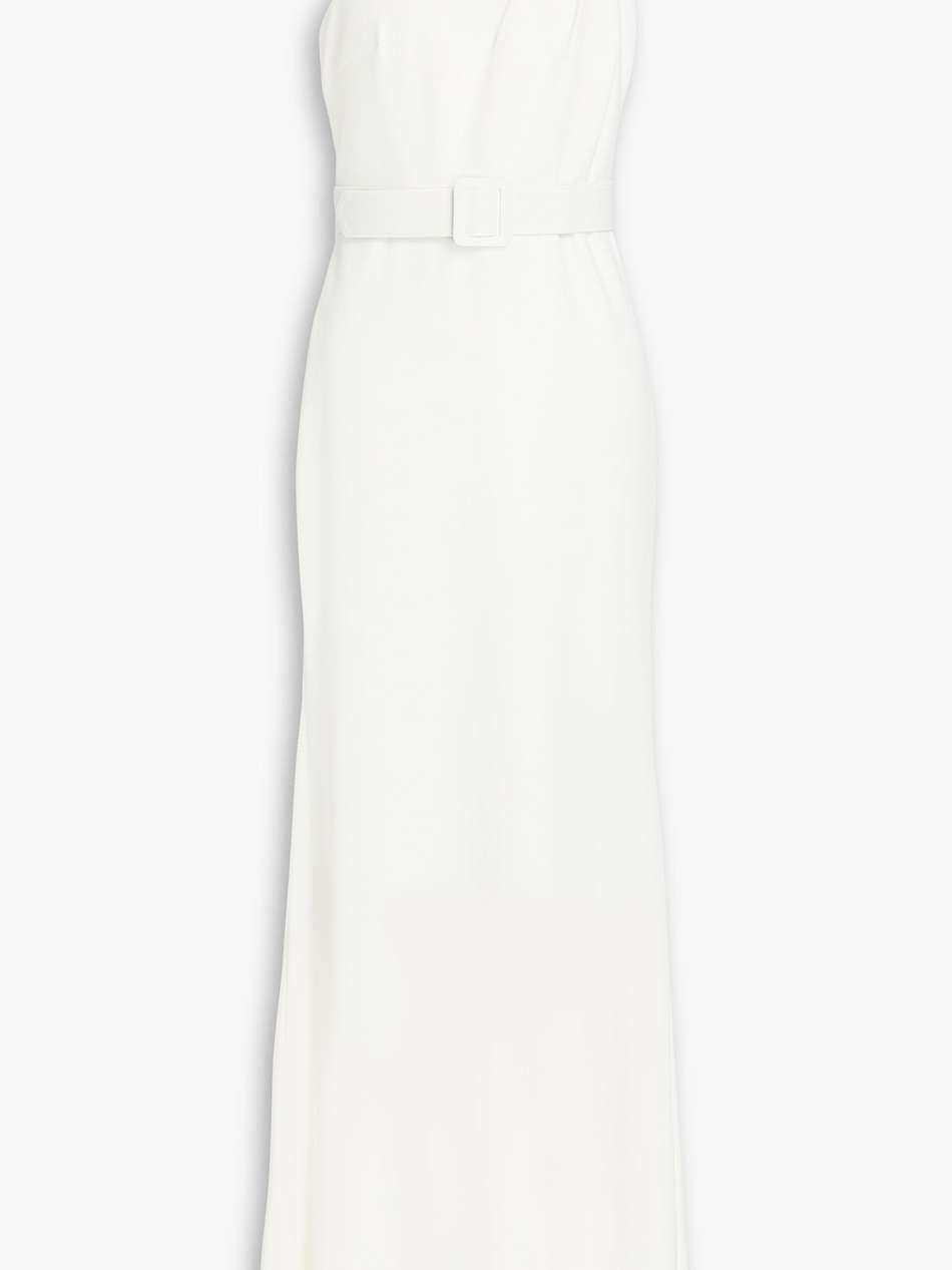 one-shoulder belted crepe gown