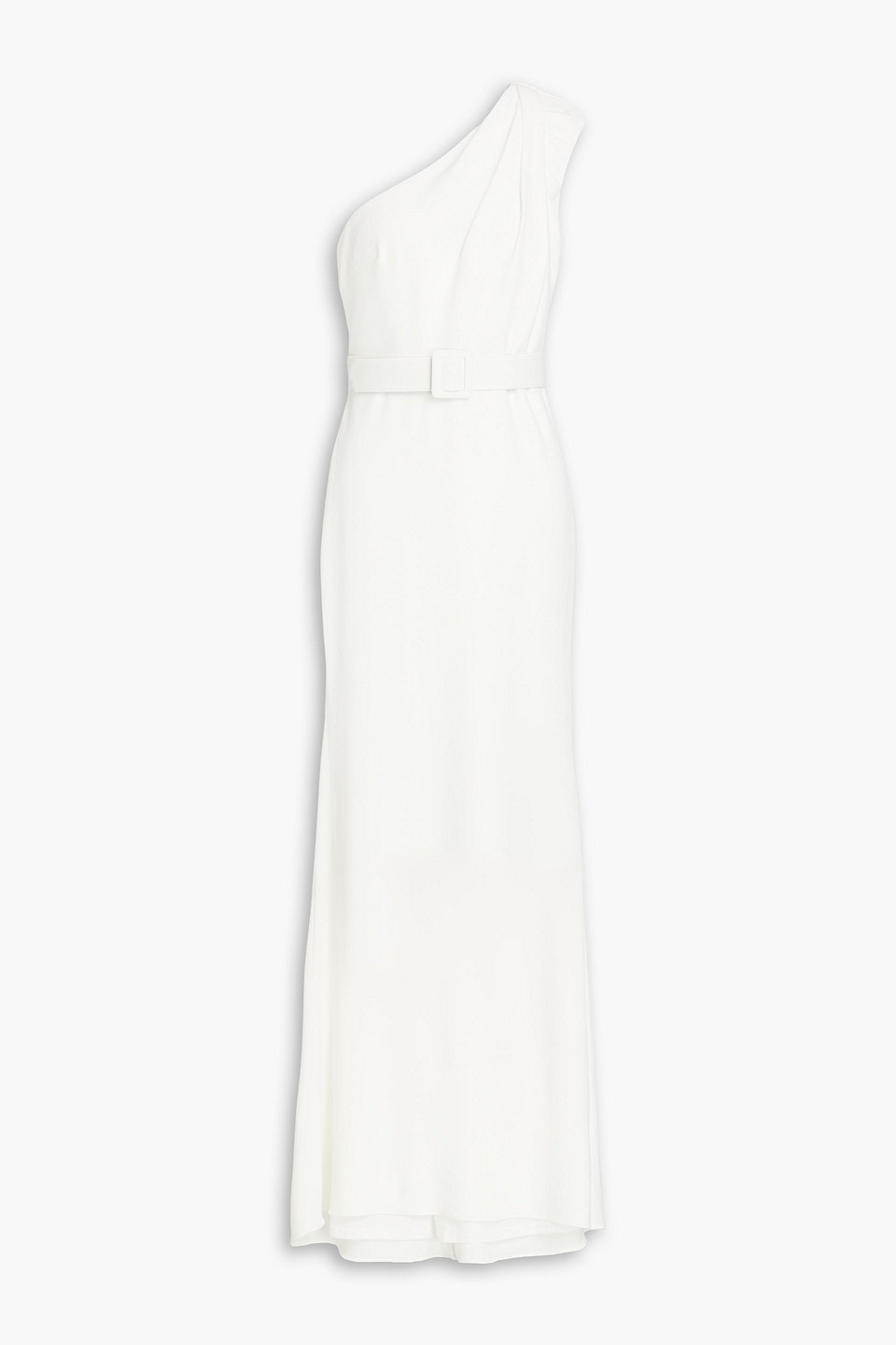 Badgley Mischka One-shoulder Belted Crepe Gown In Ivory