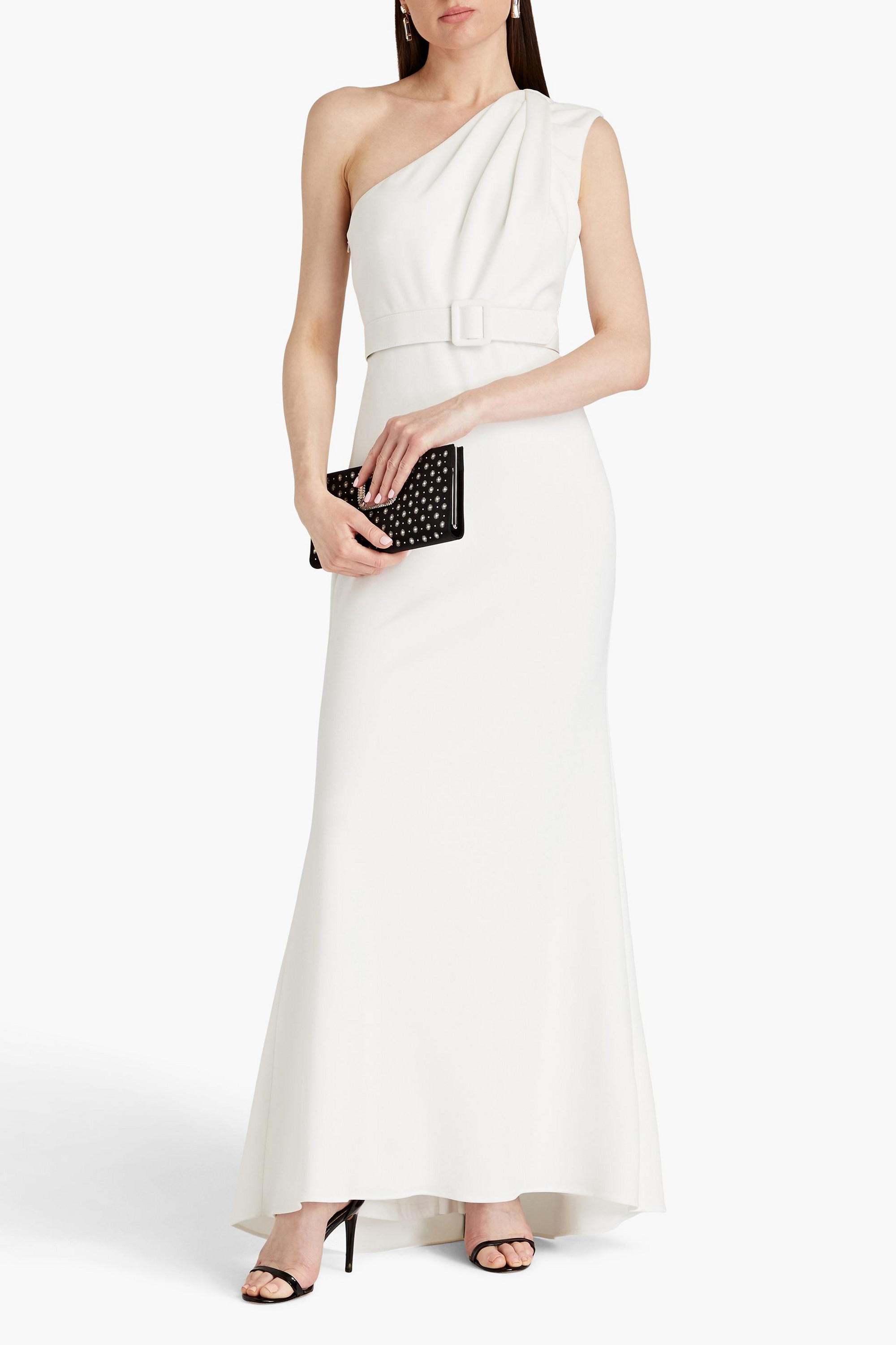 Badgley Mischka One-shoulder belted crepe gown