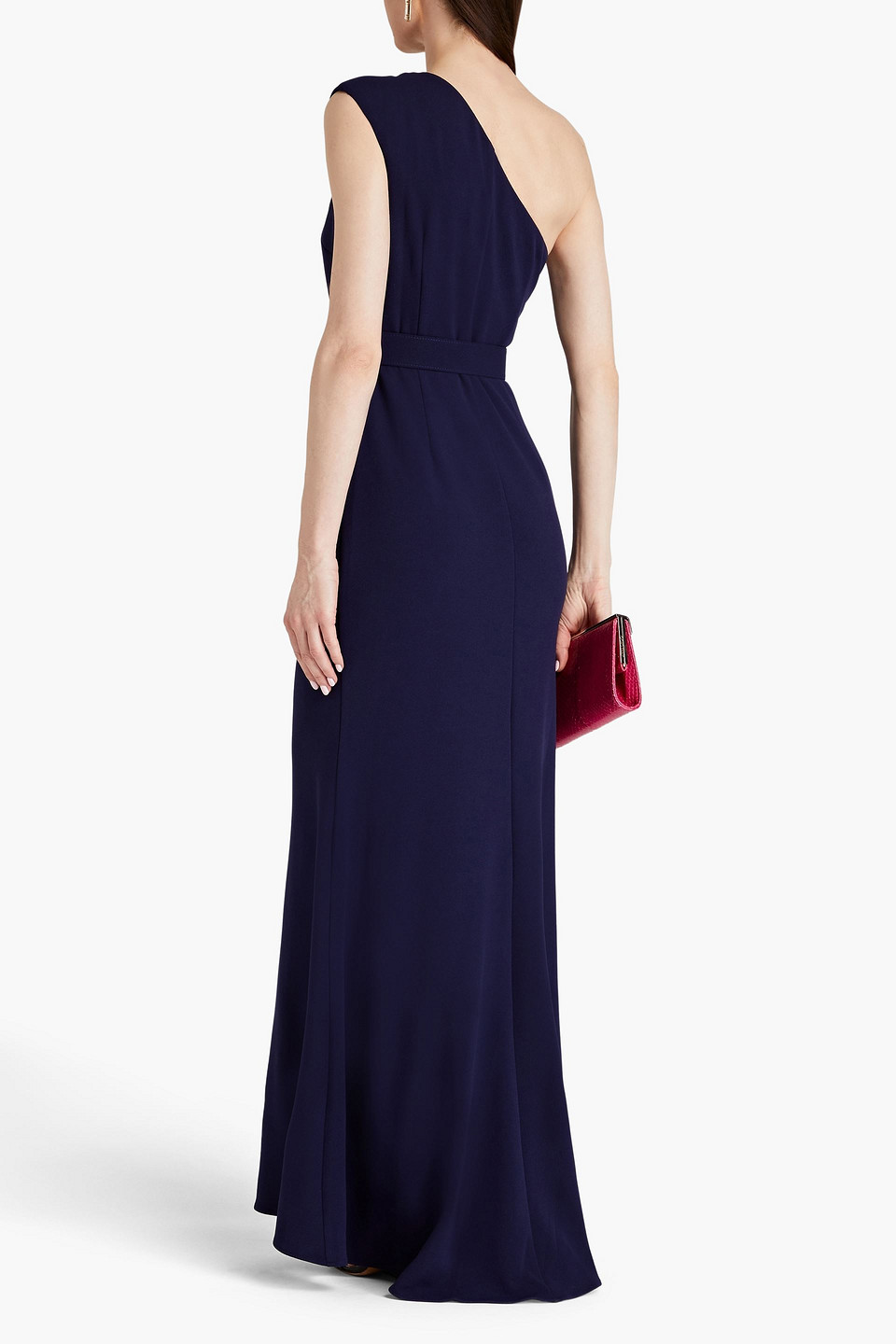 Shop Badgley Mischka One-shoulder Belted Crepe Gown In Navy