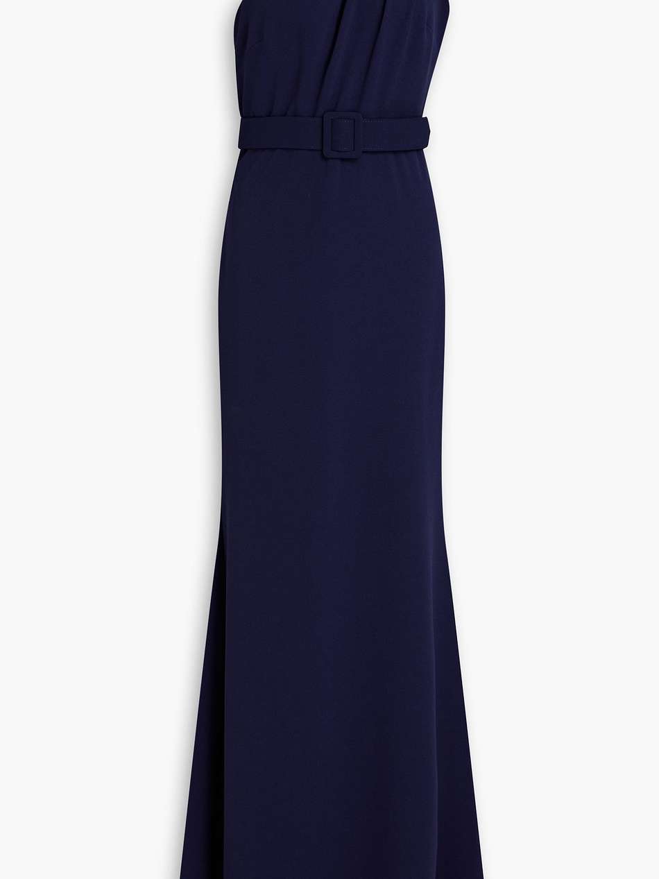 one-shoulder belted crepe gown