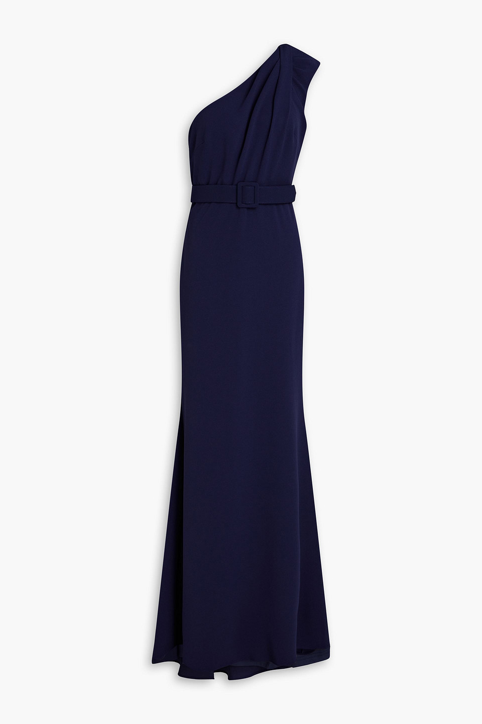 Shop Badgley Mischka One-shoulder Belted Crepe Gown In Navy