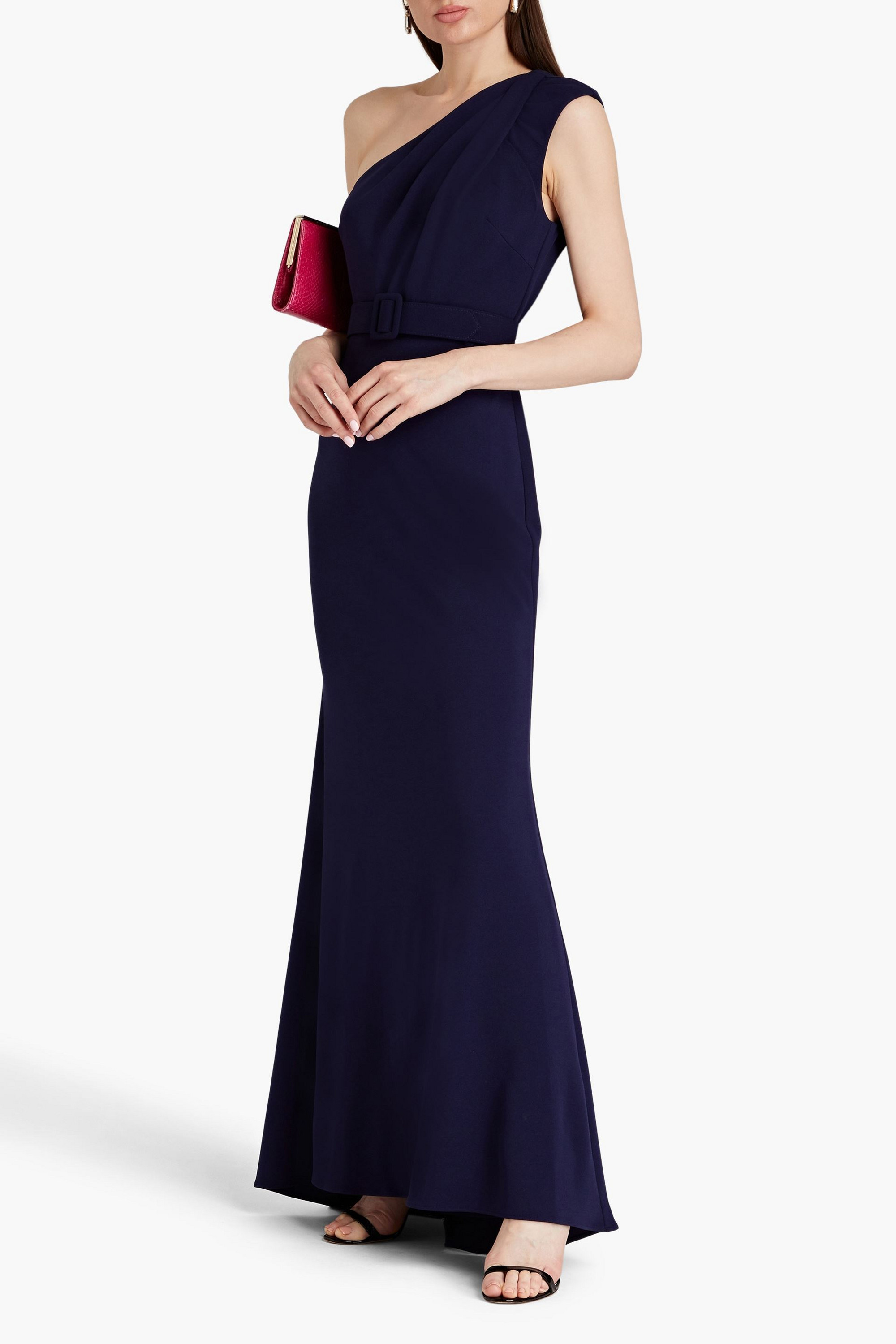 Badgley Mischka One-shoulder belted crepe gown