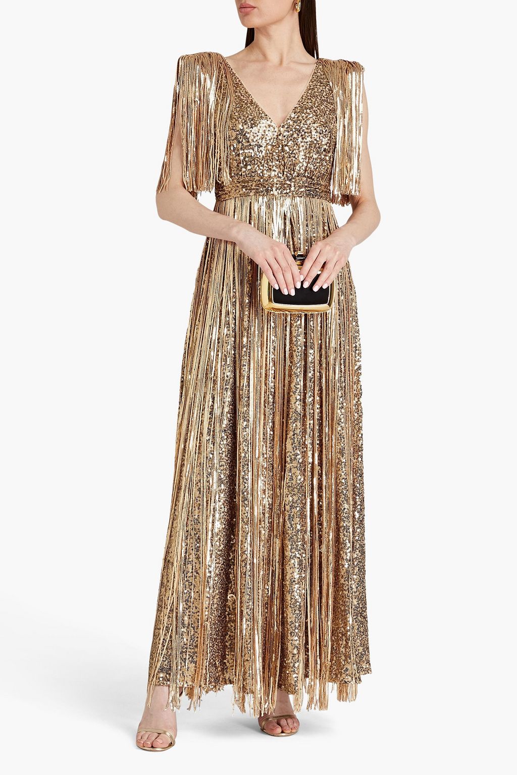 BADGLEY MISCHKA Fringed embellished mesh gown