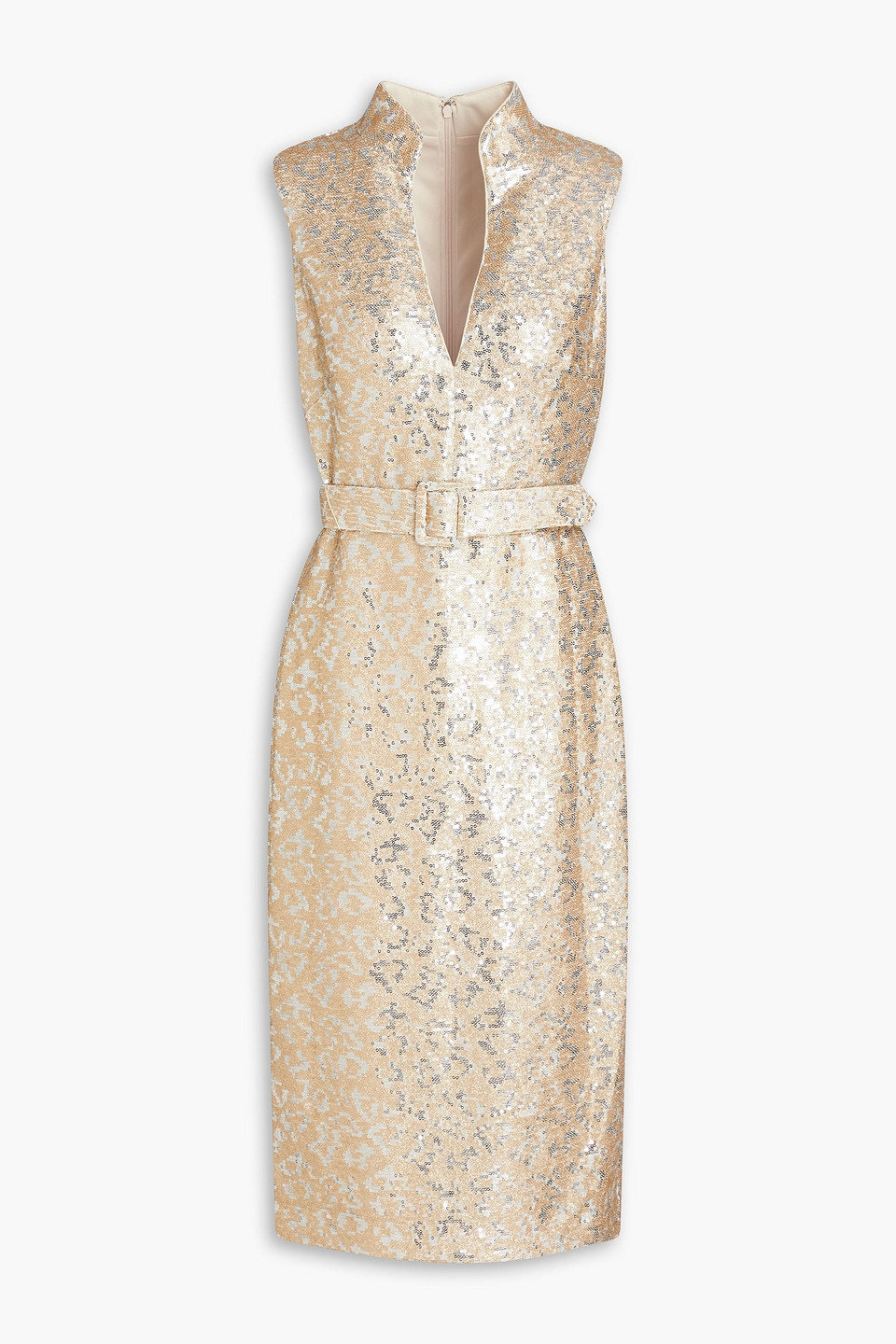 Badgley Mischka Sequined Mesh Midi Dress In Gold