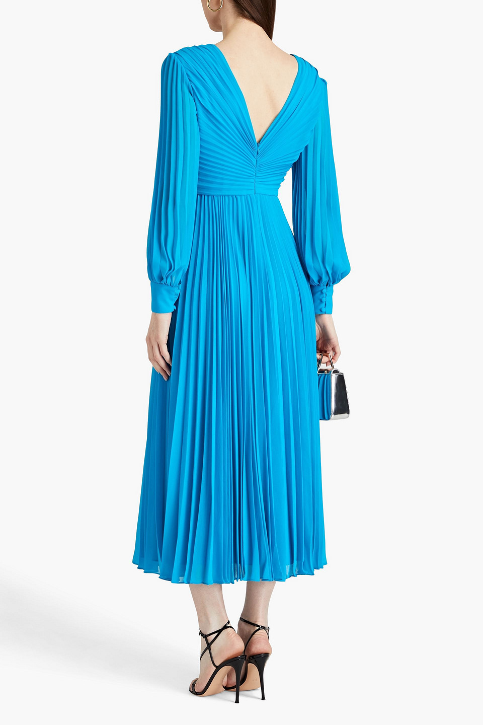 Shop Badgley Mischka Ruched Pleated Chiffon Midi Dress In Turquoise