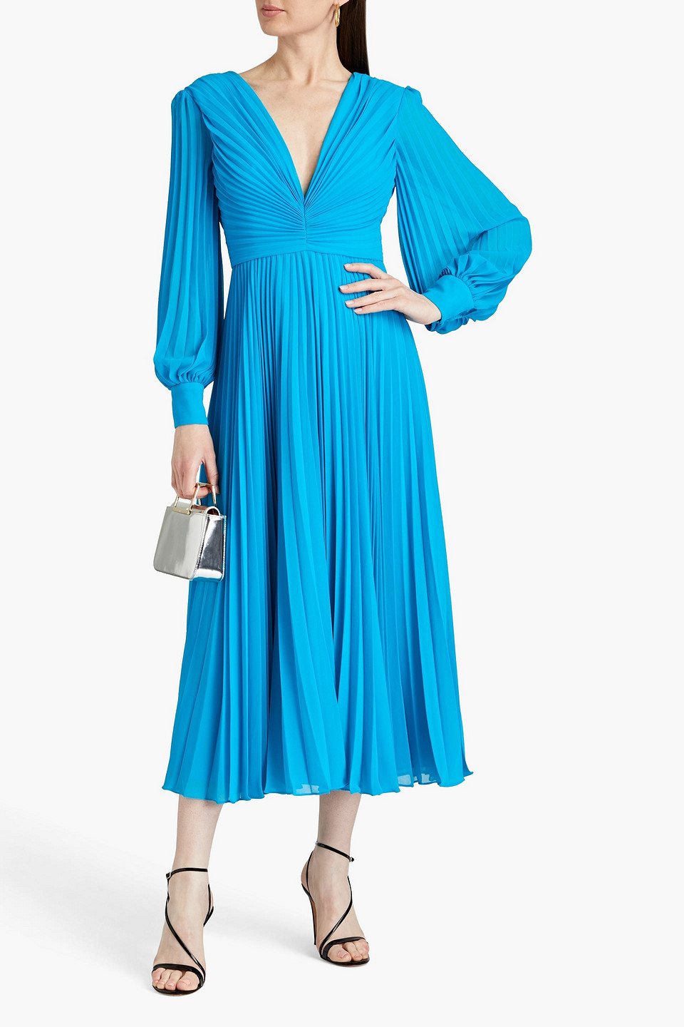 Badgley Mischka Pleated Ruched Georgette Midi Dress In Turquoise