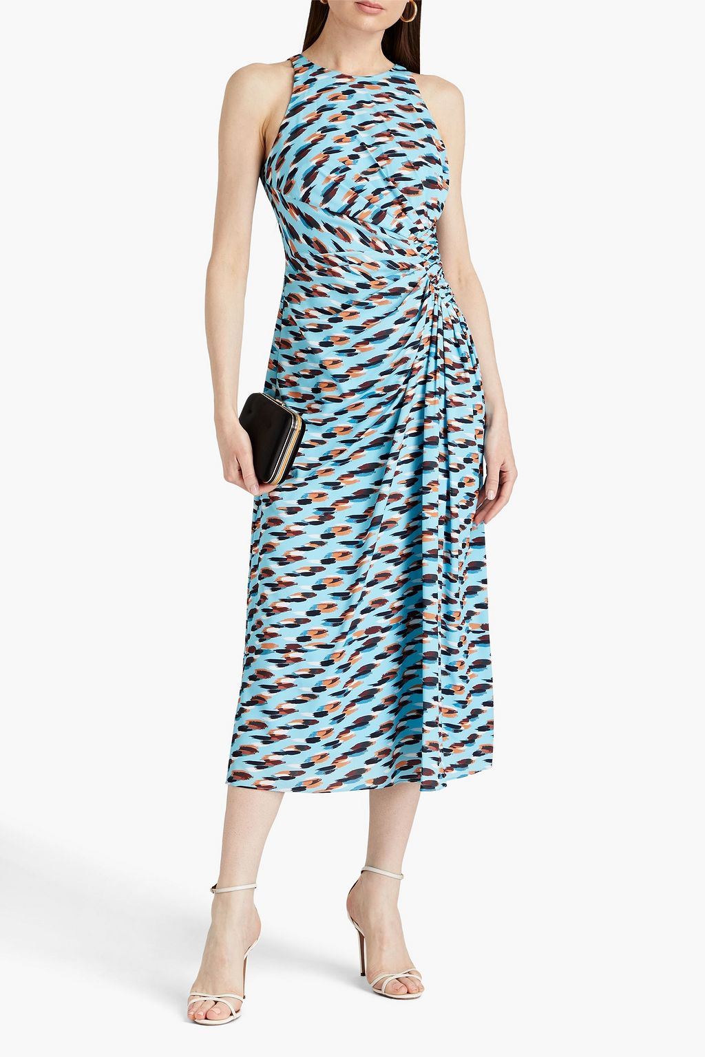 BADGLEY MISCHKA Draped printed crepe de chine midi dress