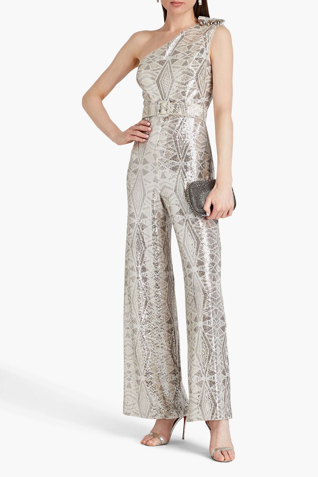 BADGLEY MISCHKA One-shoulder sequined jersey wide-leg jumpsuit | THE OUTNET