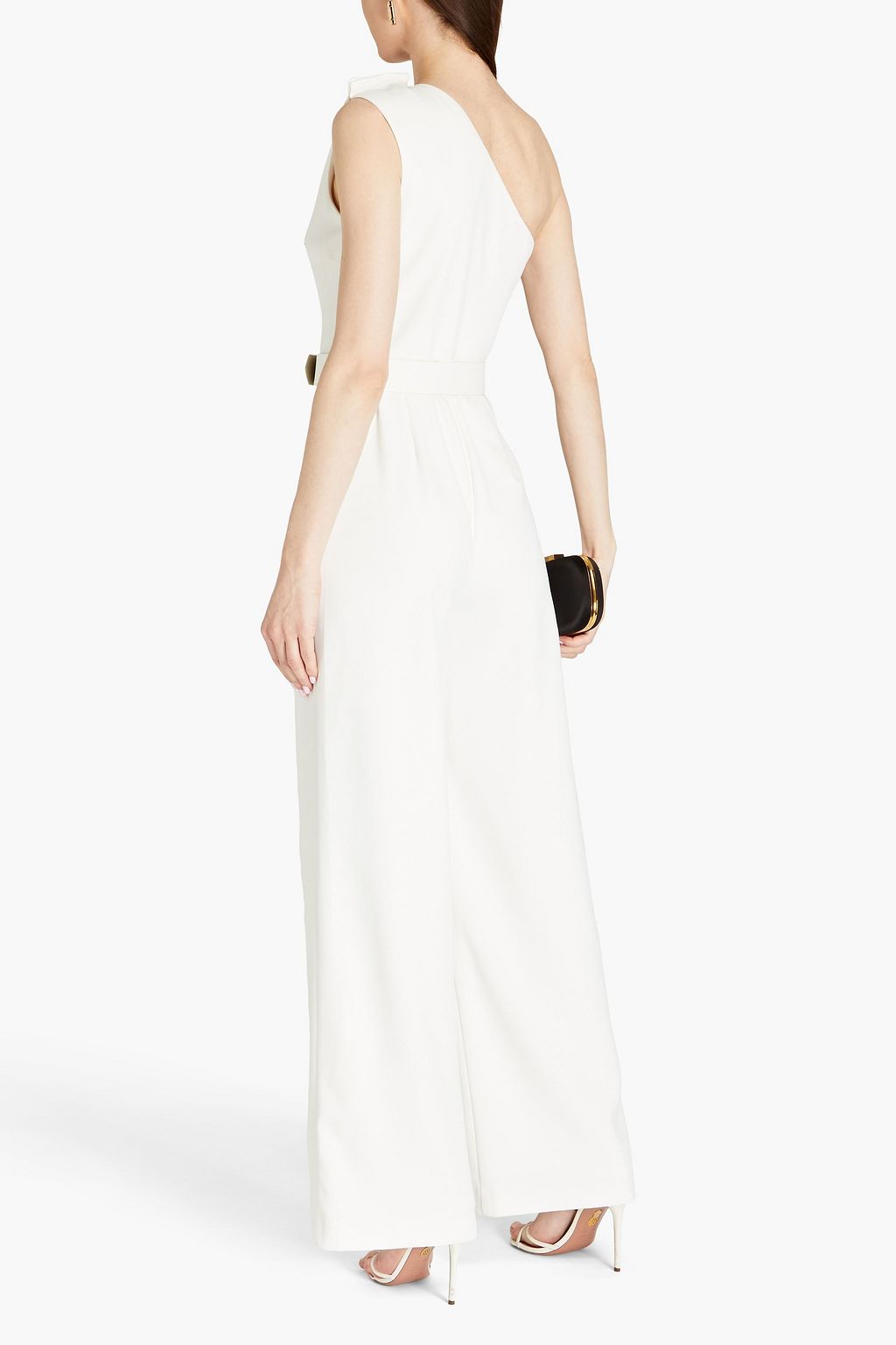 BADGLEY MISCHKA One-shoulder belted crepe wide-leg jumpsuit