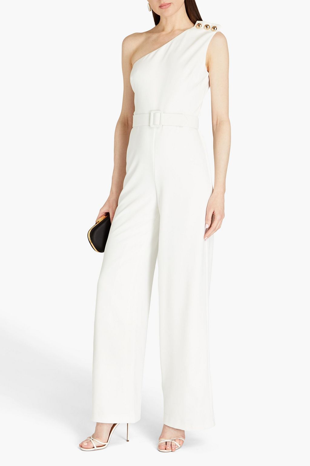 BADGLEY MISCHKA One-shoulder belted crepe wide-leg jumpsuit