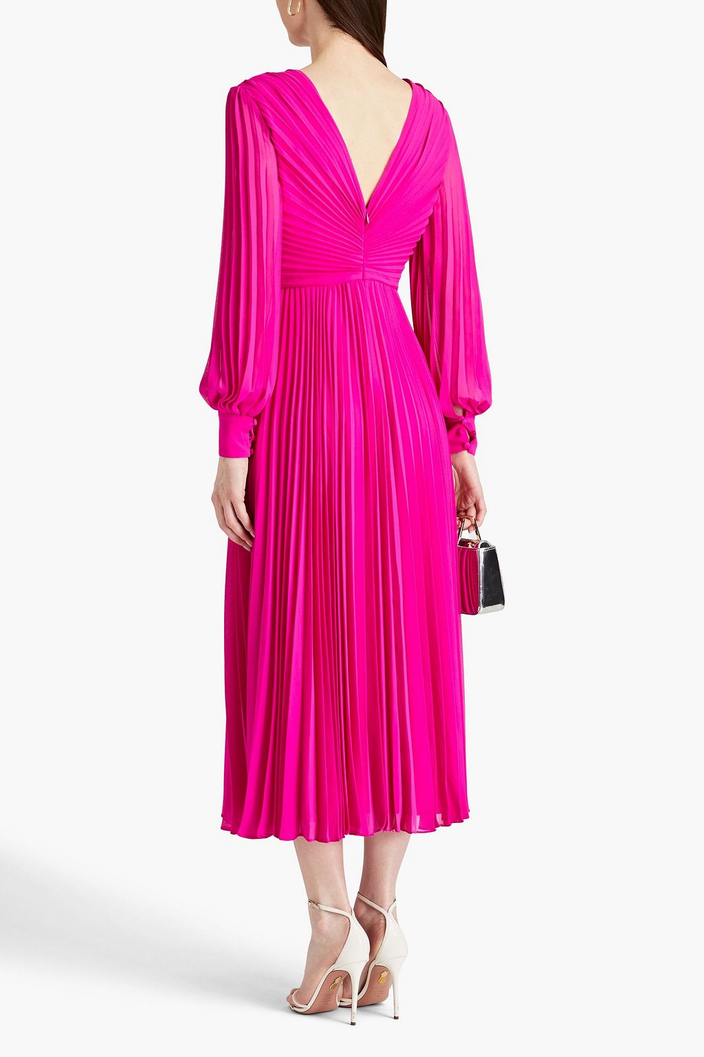 BADGLEY MISCHKA Ruched pleated chiffon midi dress