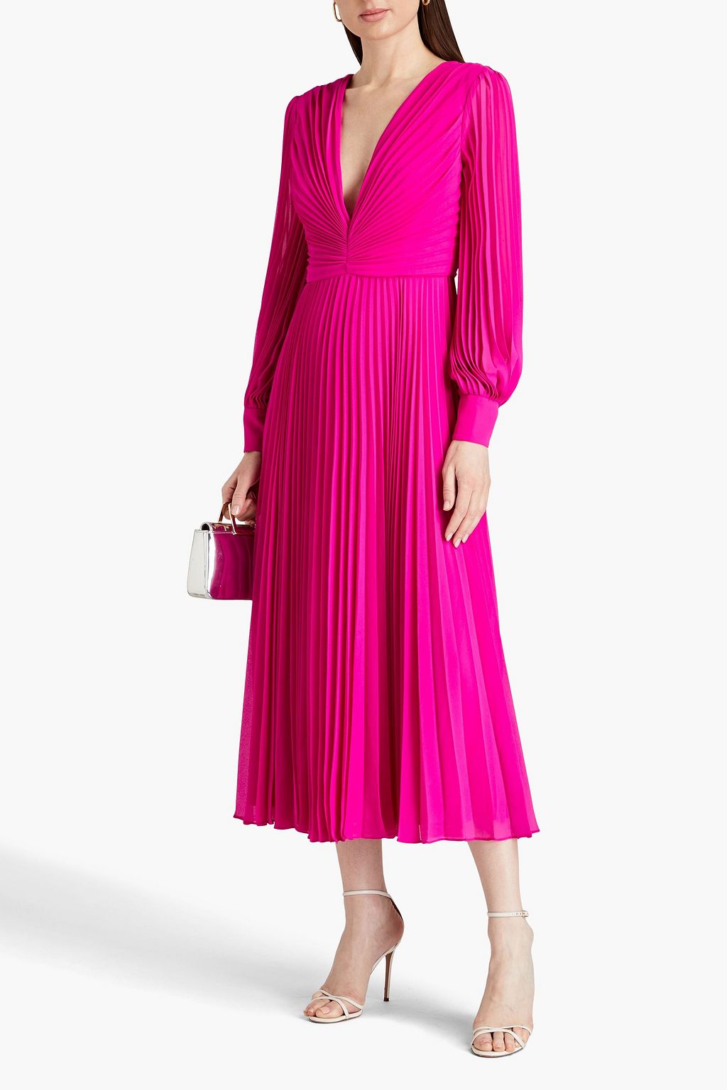 BADGLEY MISCHKA Ruched pleated chiffon midi dress