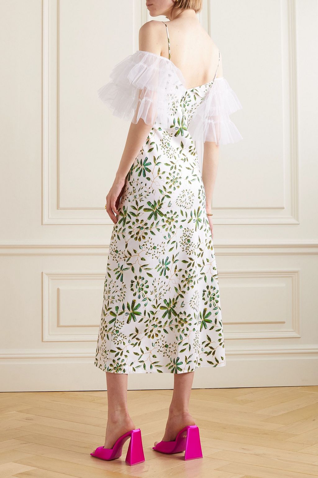 RODARTE Cold-shoulder tulle-trimmed floral-print silk-twill midi dress