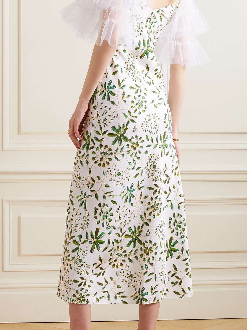 cold-shoulder tulle-trimmed floral-print silk-twill midi dress
