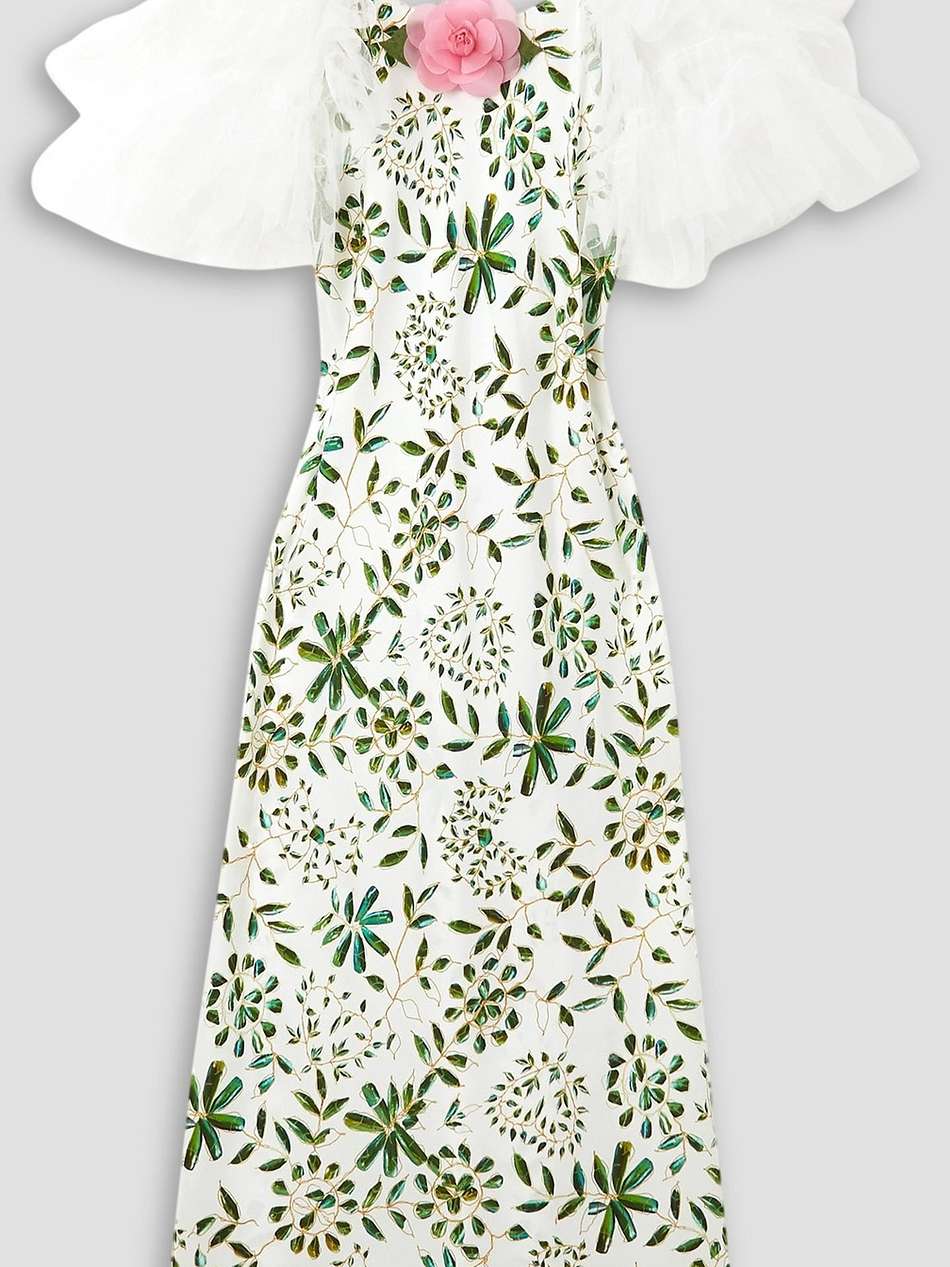 cold-shoulder tulle-trimmed floral-print silk-twill midi dress