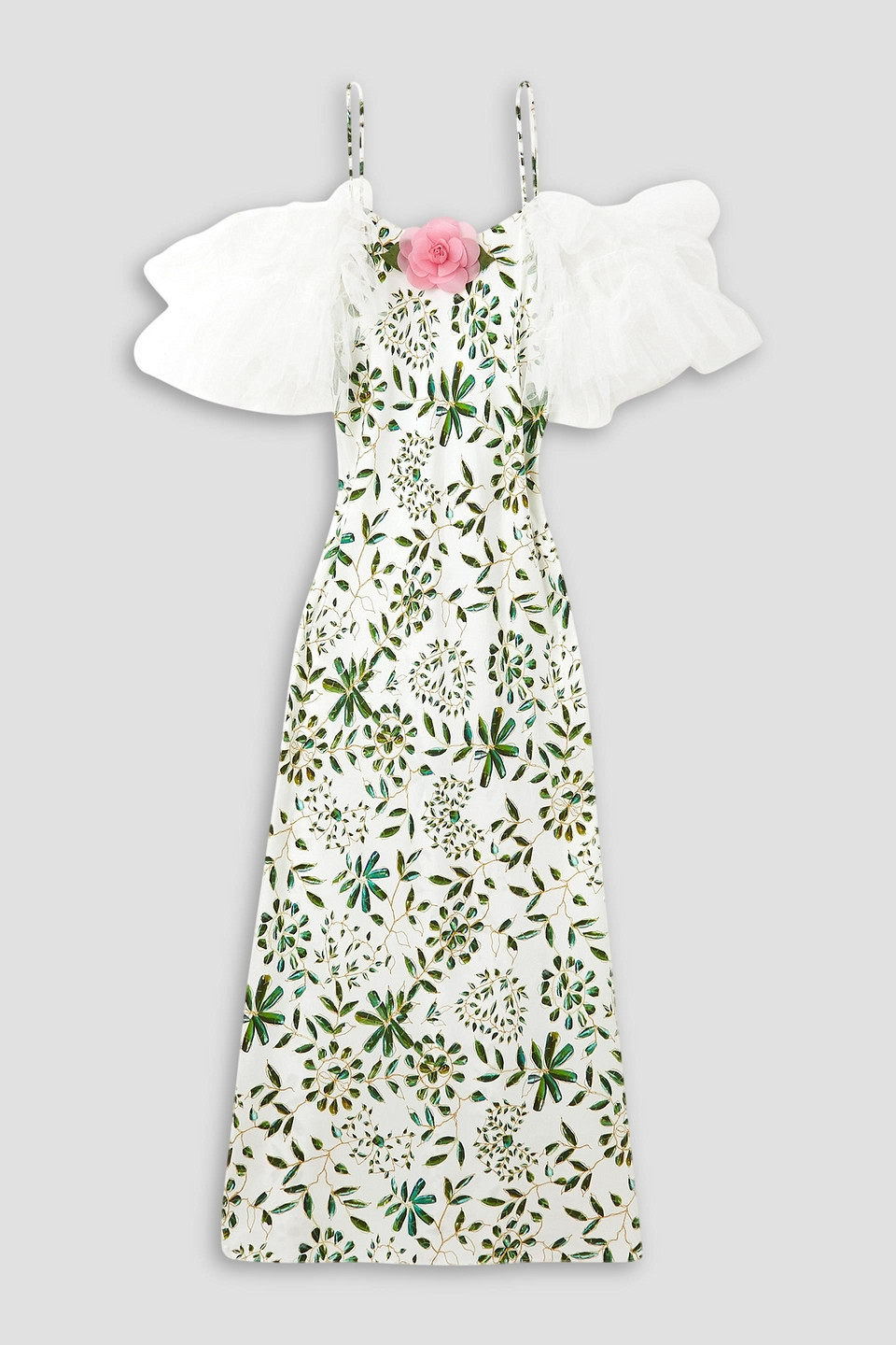 Rodarte Cold-shoulder Tulle-trimmed Floral-print Silk-twill Midi Dress In White