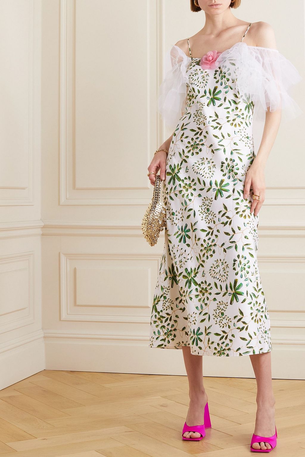 RODARTE Cold-shoulder tulle-trimmed floral-print silk-twill midi dress