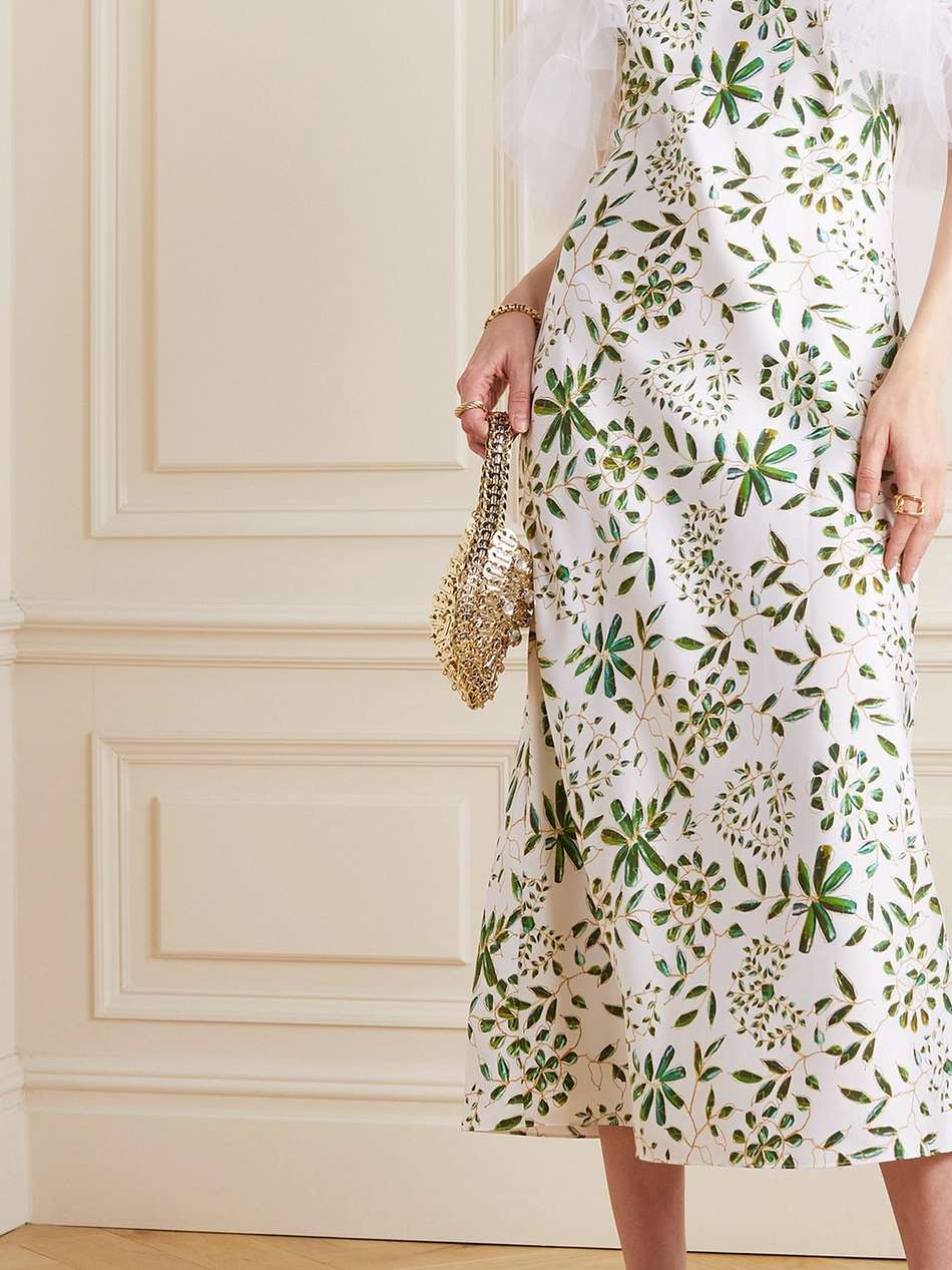 cold-shoulder tulle-trimmed floral-print silk-twill midi dress