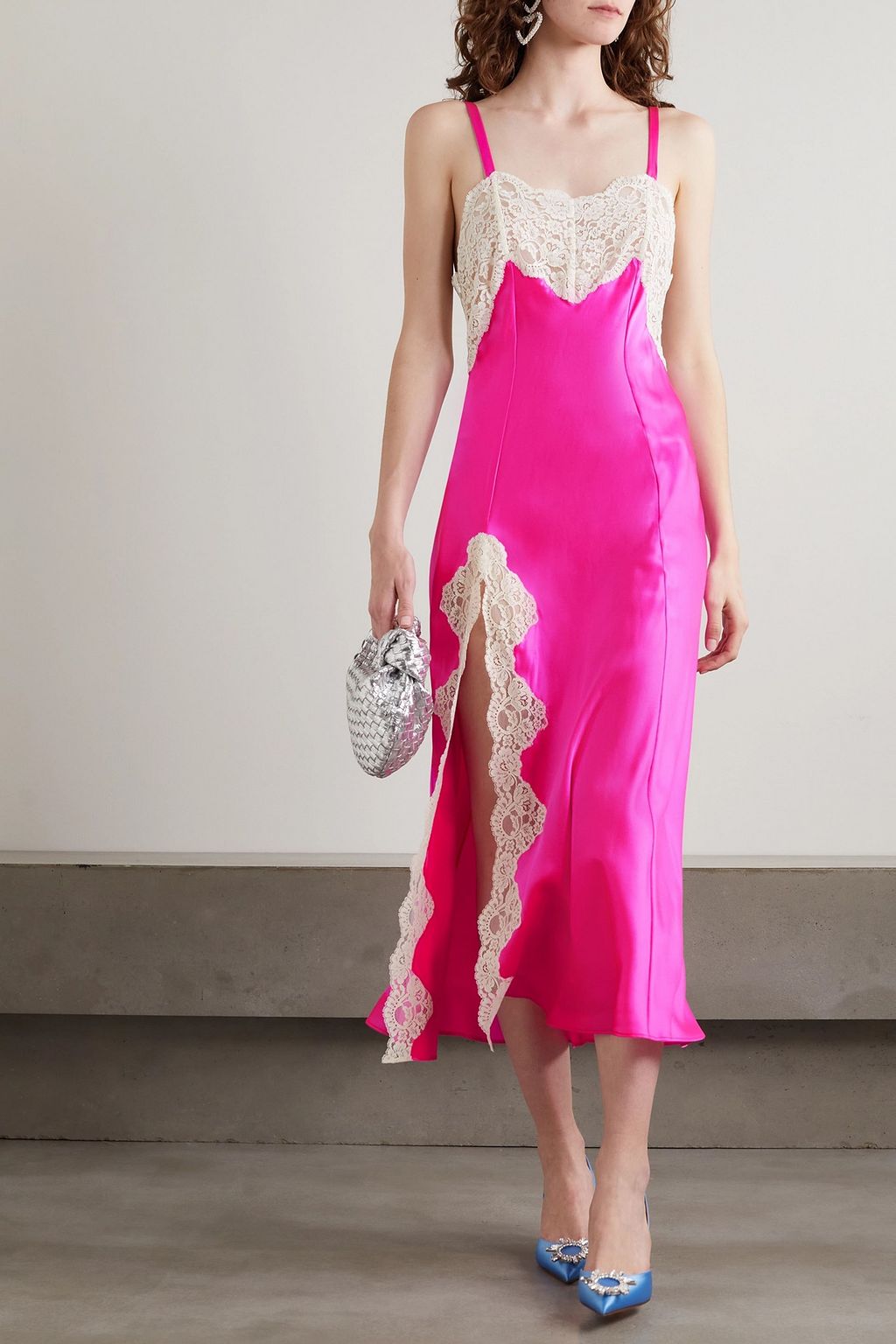 RODARTE فستان متوسط الطول من حرير الساتان مزيّن بالدانتيل