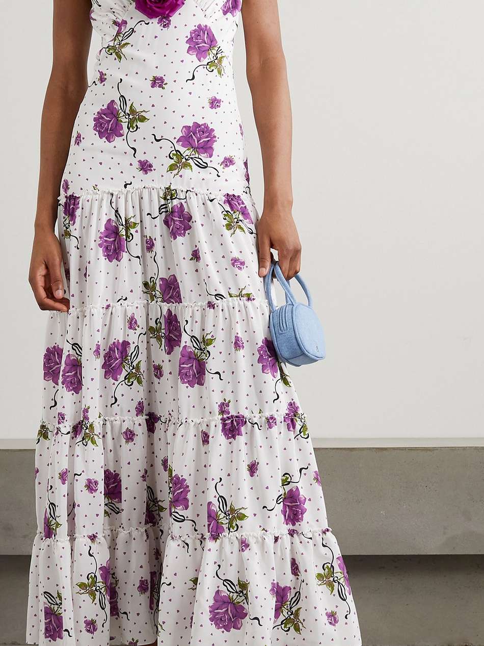 appliquéd printed silk crepe de chine maxi dress
