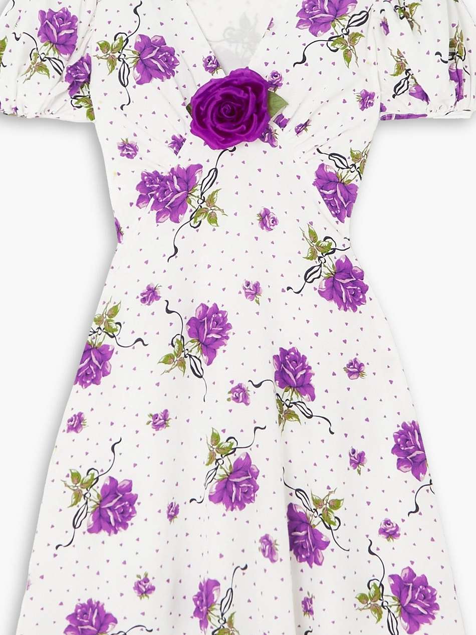 appliquéd printed silk crepe de chine mini dress