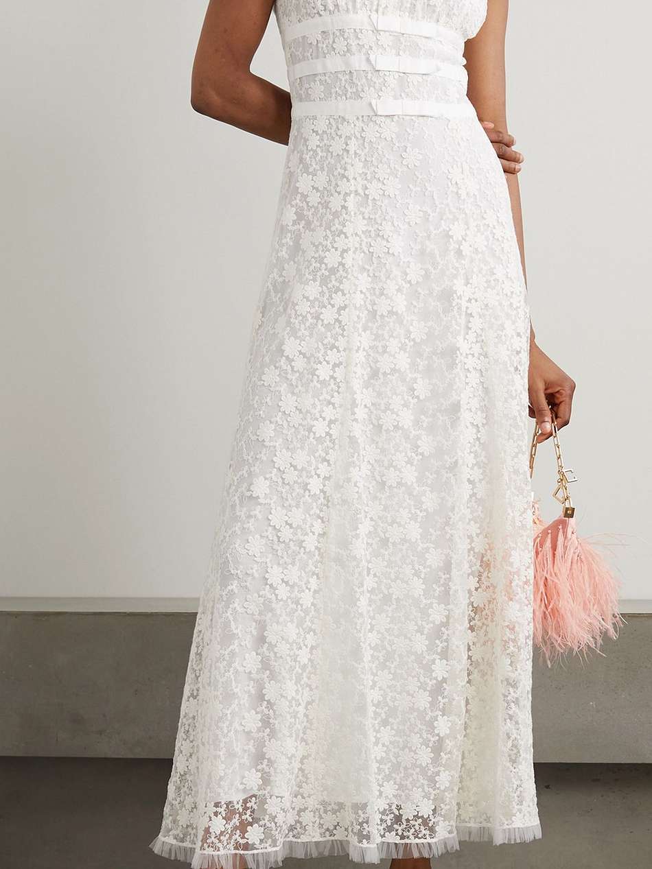 grosgrain-trimmed embroidered cotton-blend tulle maxi dress