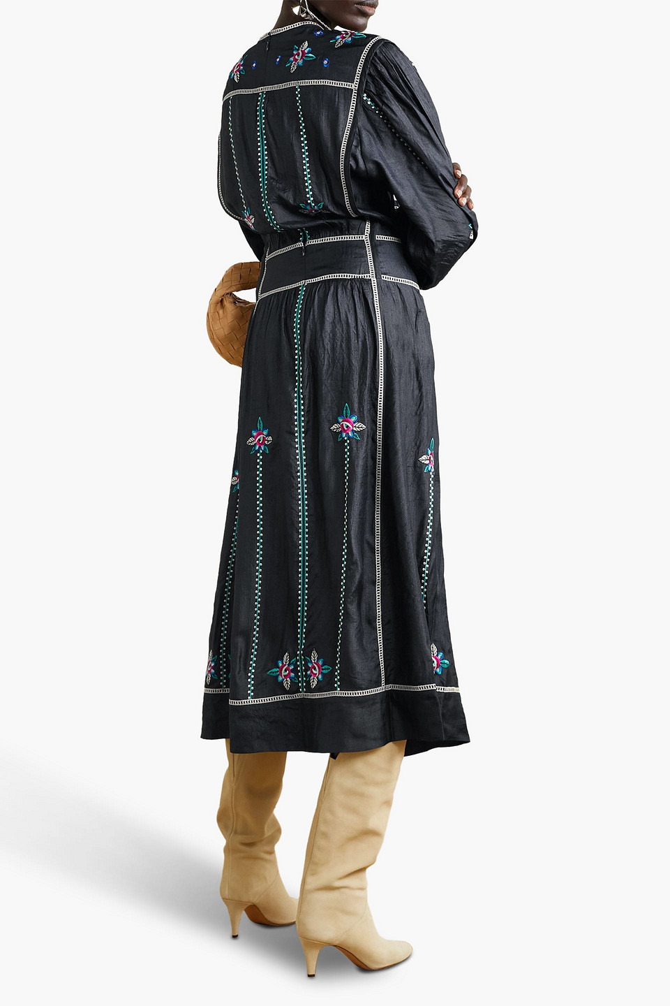 ISABEL MARANT CAROLINE EMBROIDERED SILK-SATIN MIDI DRESS