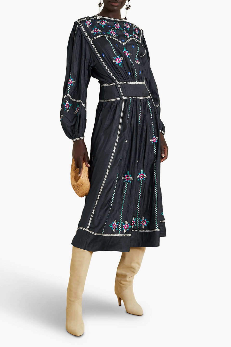 ISABEL MARANT CAROLINE EMBROIDERED SILK-SATIN MIDI DRESS