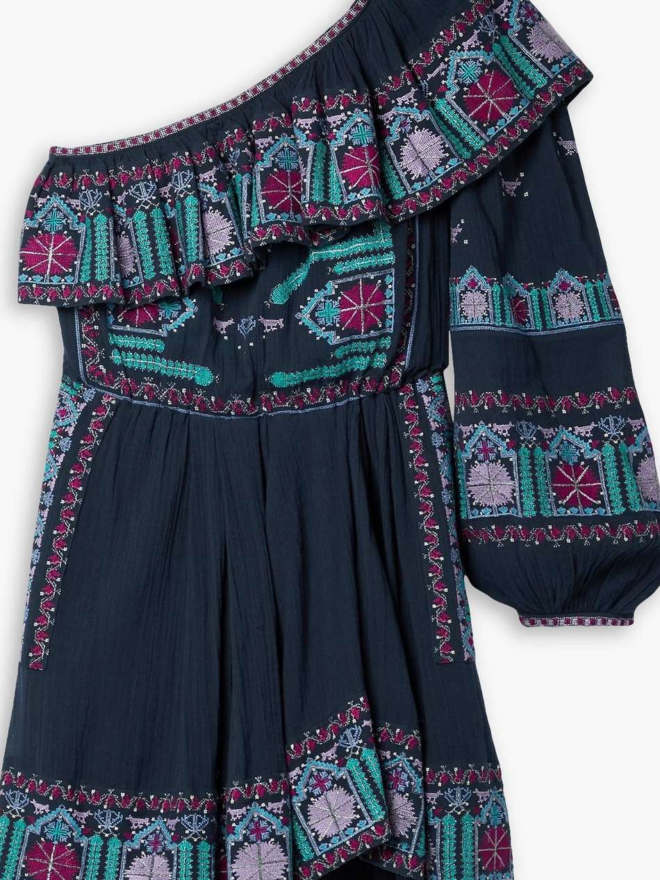 one-shoulder embroidered cotton-voile mini dress