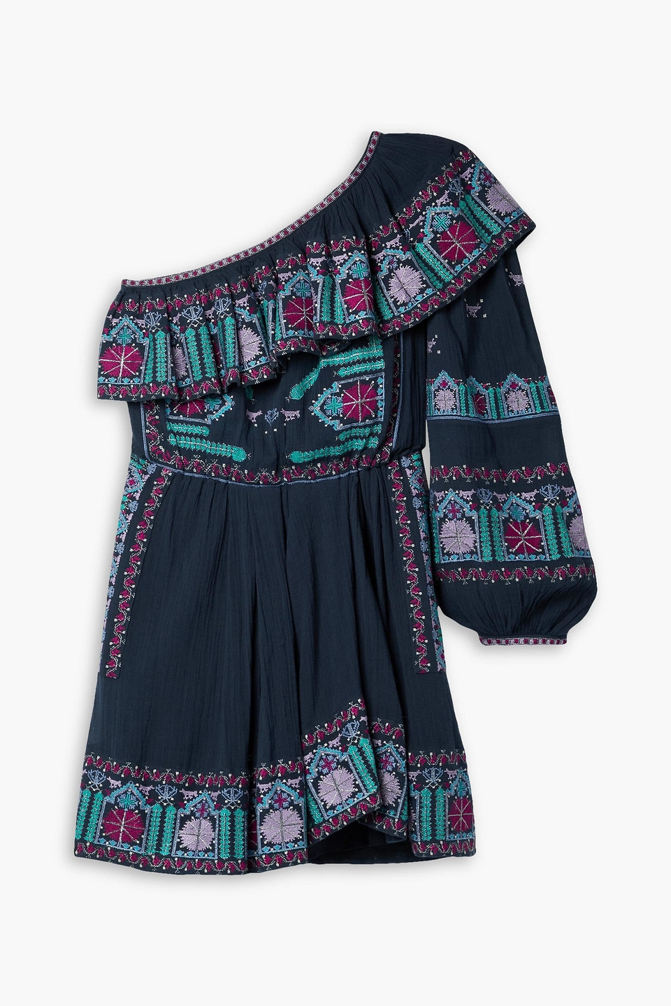 ISABEL MARANT ONE-SHOULDER EMBROIDERED COTTON-VOILE MINI DRESS 