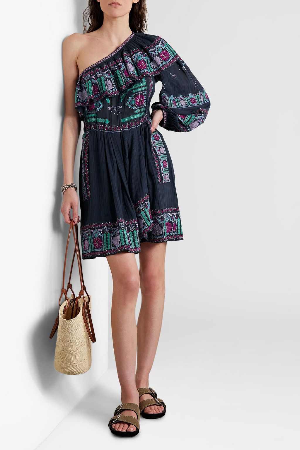 ISABEL MARANT One-shoulder embroidered cotton-voile mini dress