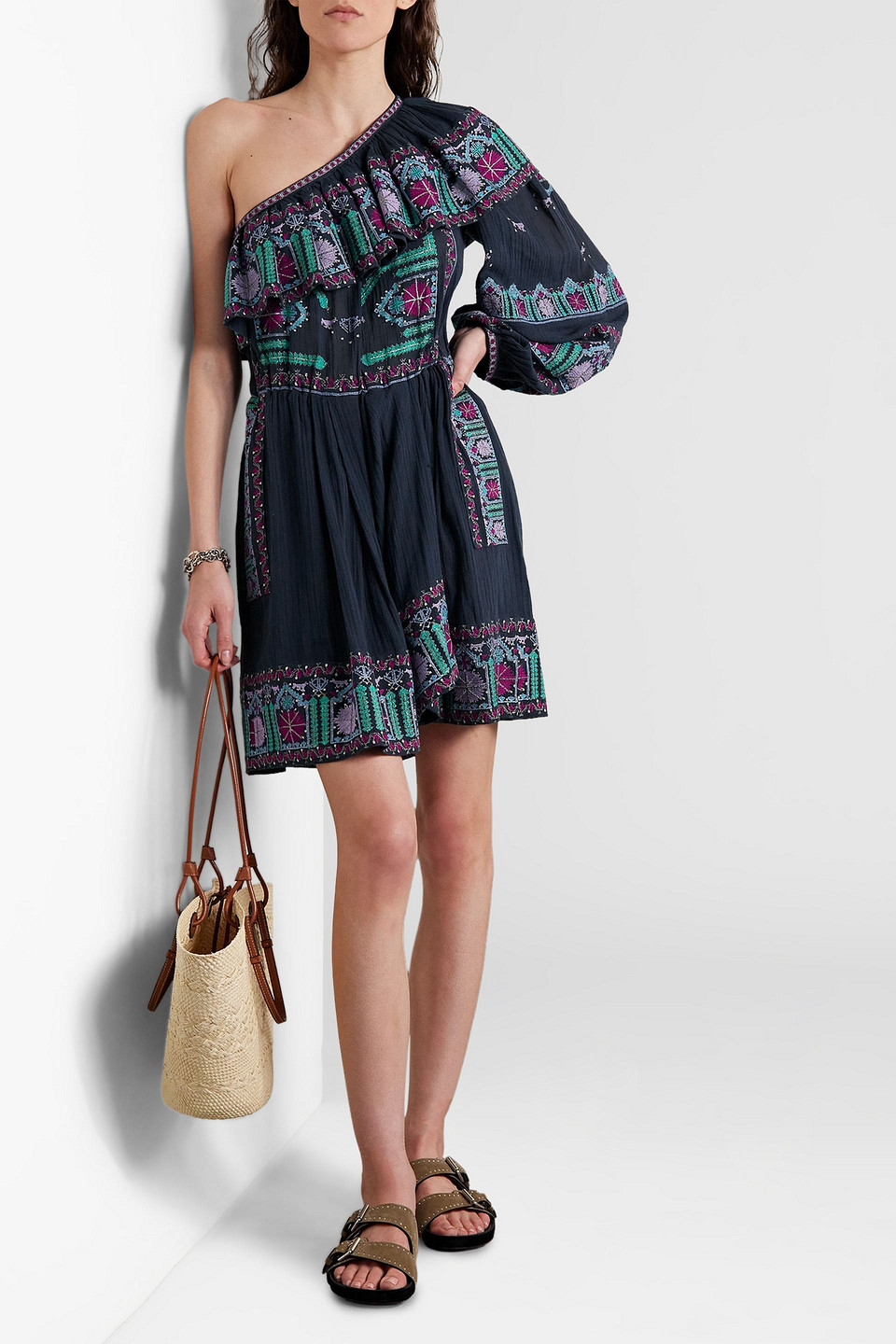 ISABEL MARANT ONE-SHOULDER EMBROIDERED COTTON-VOILE MINI DRESS 