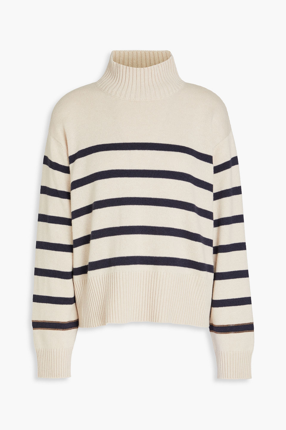 Brunello Cucinelli Bead-embellished Striped Cashmere Turtleneck Sweater In White