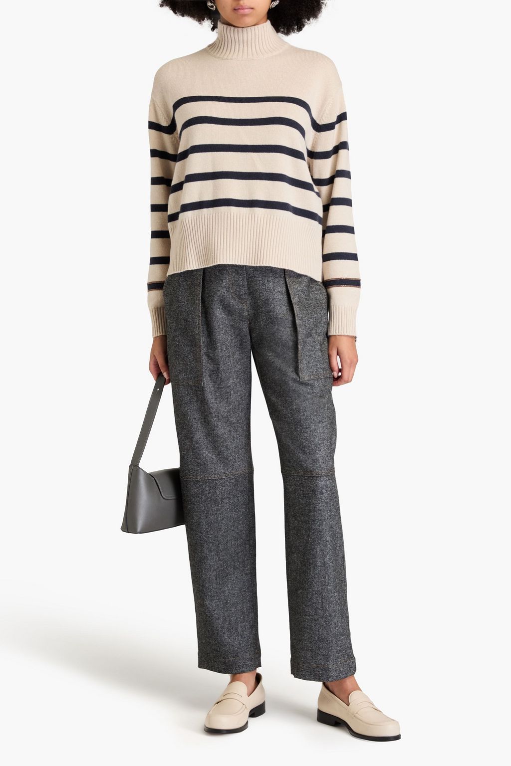 BRUNELLO CUCINELLI كنزة رياضية من الكشمير بياقة عالية وتصميم مخطط ومزينة بالخرز