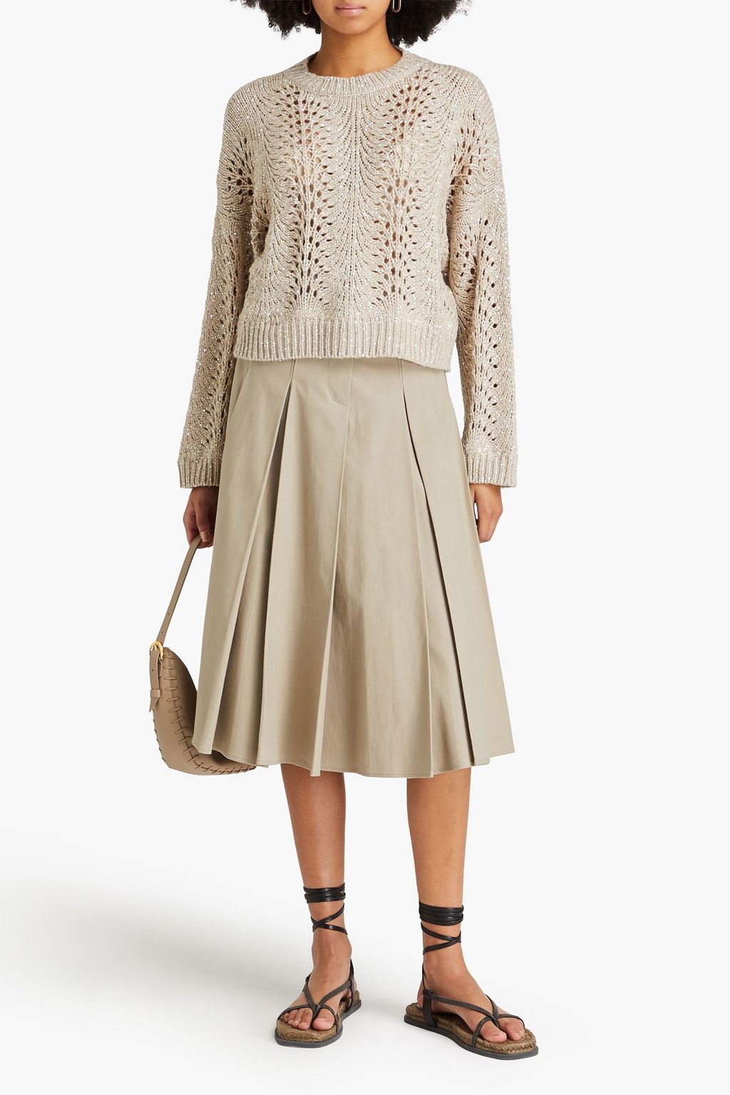 BRUNELLO CUCINELLI Cropped embellished pointelle-knit cashmere-blend sweater