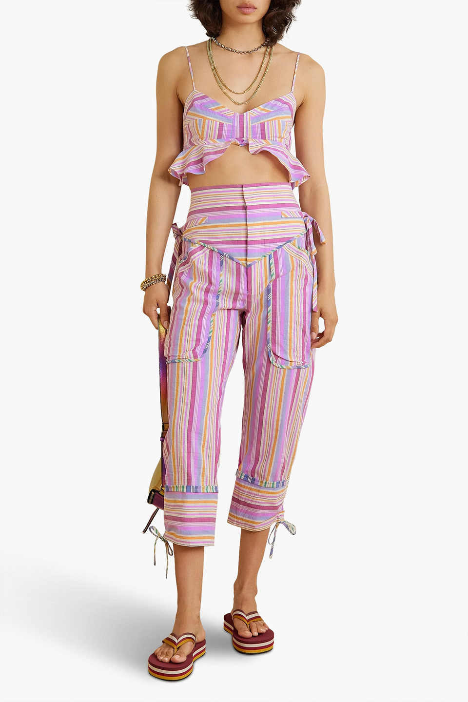 Isabel Marant Telmani Cropped Ruffled Striped Cotton Top In Pink