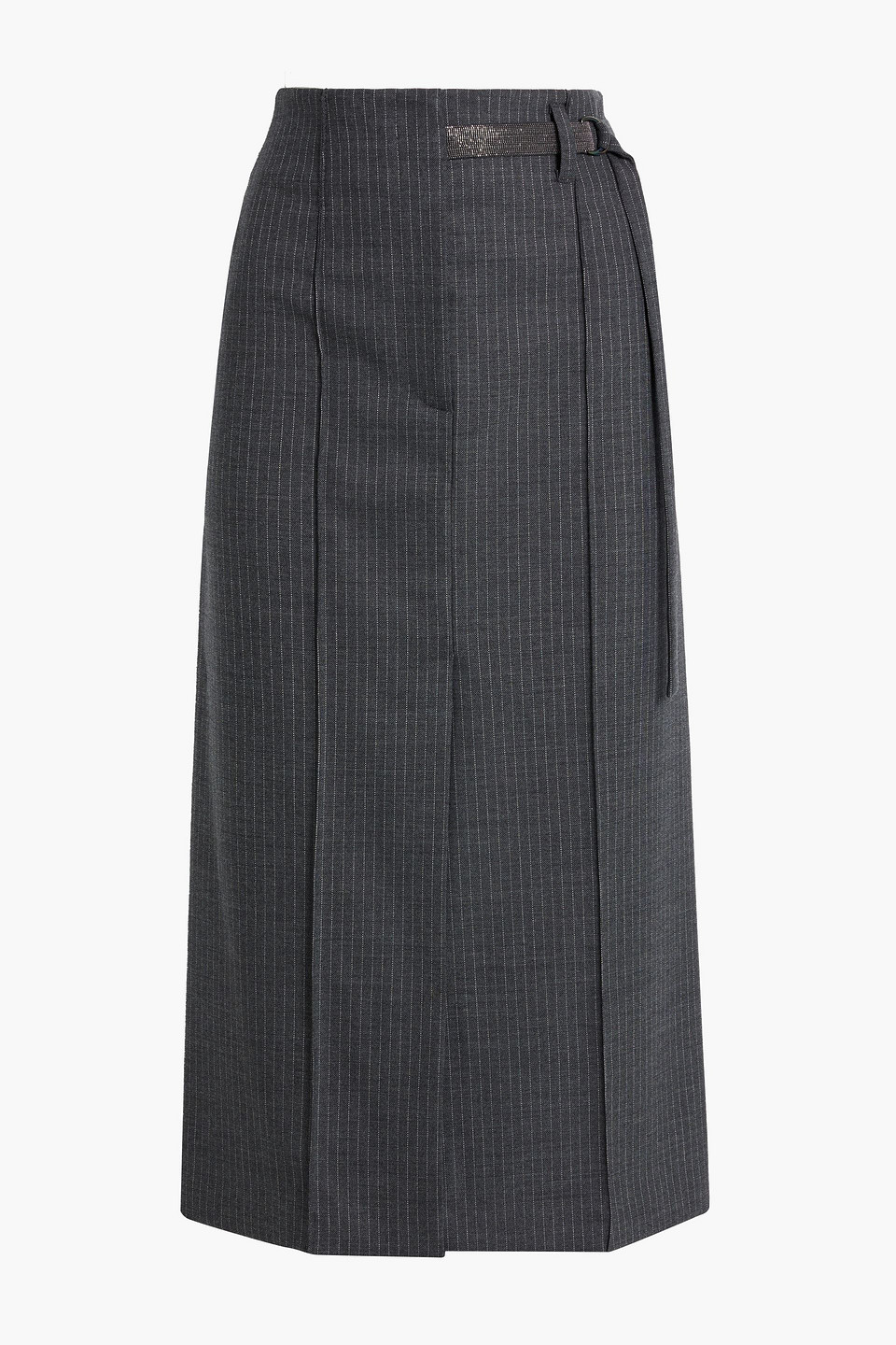 Brunello Cucinelli Belted Pinstriped Wool-blend Midi Skirt In Dark Gray